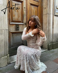 Elegant Vintage Hollow Out Lace Maxi Dress Long Sleeve Cape 2 Piece Set Birthday Outfits Gown Slip Dresses Bandage Aiertu