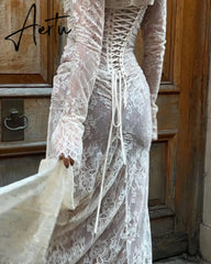 Elegant Vintage Hollow Out Lace Maxi Dress Long Sleeve Cape 2 Piece Set Birthday Outfits Gown Slip Dresses Bandage Aiertu