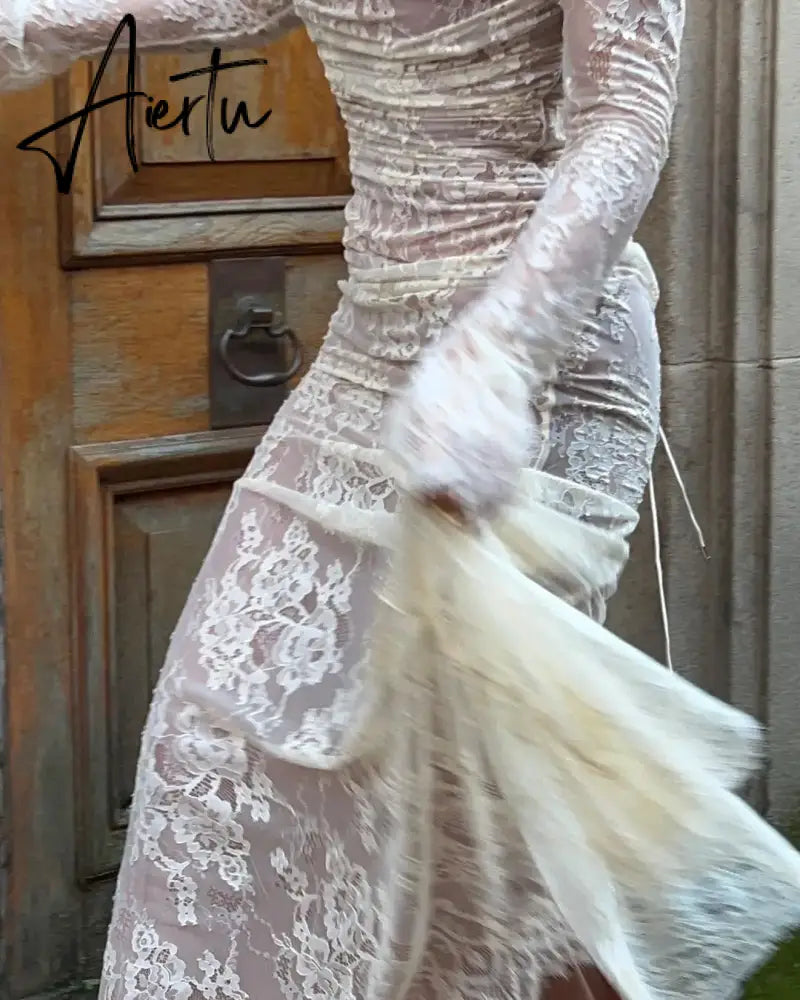 Elegant Vintage Hollow Out Lace Maxi Dress Long Sleeve Cape 2 Piece Set Birthday Outfits Gown Slip Dresses Bandage Aiertu