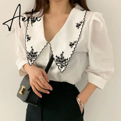 Elegant White Floral Embroidery Women Shirts Vintage Blusas Mujer De Moda  Korean Chic Puff Sleeve Blouse Clothes Tops Aiertu