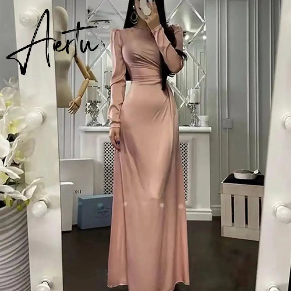 Elegant Women Bodycon Party Dress Summer Long Sleeve Slim Fit Sundress Femme Robe Solid Round Neck Ladies Long Dress Cover Up Aiertu