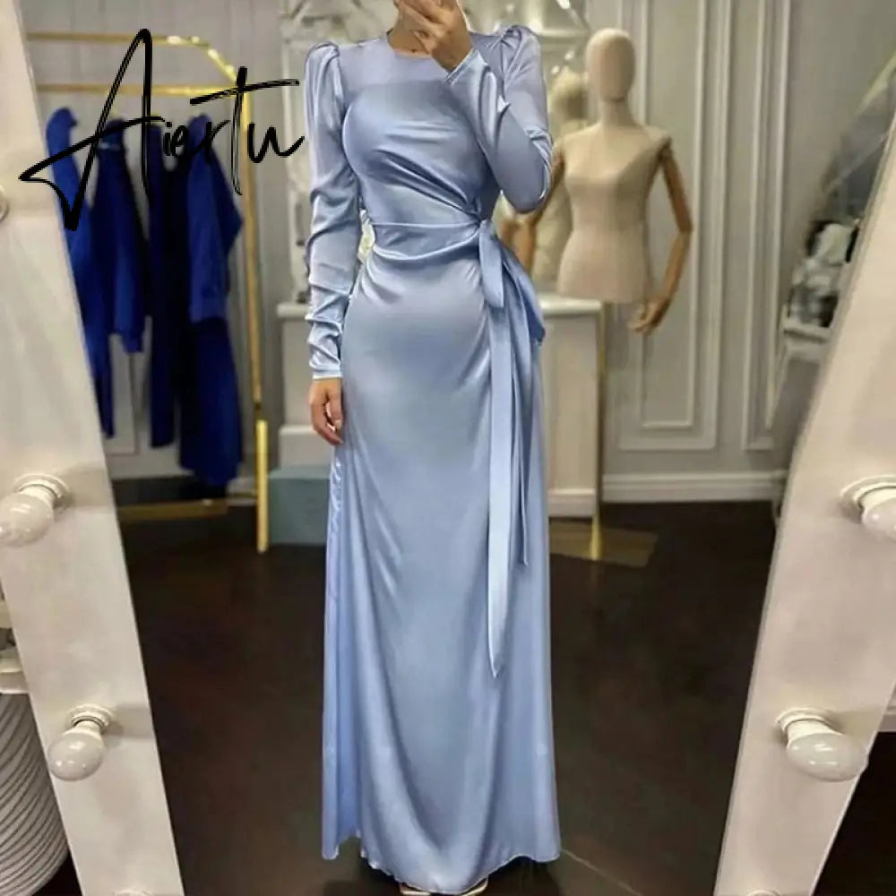 Elegant Women Bodycon Party Dress Summer Long Sleeve Slim Fit Sundress Femme Robe Solid Round Neck Ladies Long Dress Cover Up Aiertu