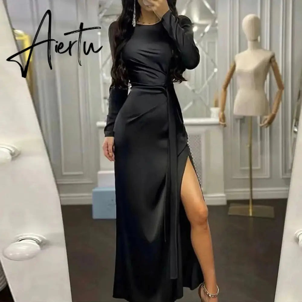 Elegant Women Bodycon Party Dress Summer Long Sleeve Slim Fit Sundress Femme Robe Solid Round Neck Ladies Long Dress Cover Up Aiertu