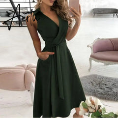 Elegant Women Letter Diamond Print Party Dresses Spring Fashion Sexy V-Neck Belt A-Line Dresses Female Casual Long Sleeve Dress Aiertu