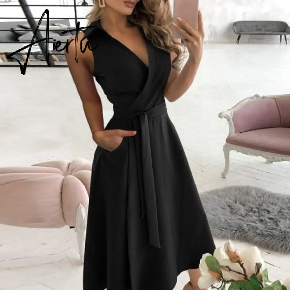 Elegant Women Letter Diamond Print Party Dresses Spring Fashion Sexy V-Neck Belt A-Line Dresses Female Casual Long Sleeve Dress Aiertu