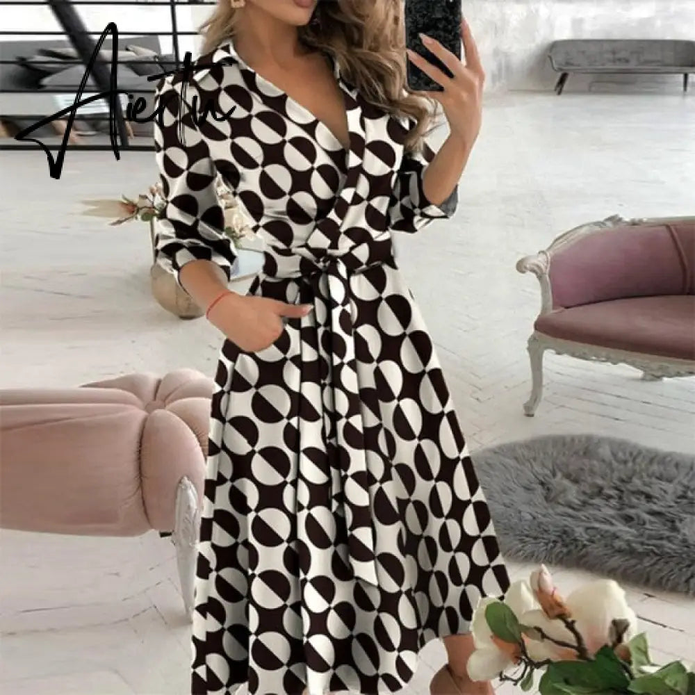 Elegant Women Letter Diamond Print Party Dresses Spring Fashion Sexy V-Neck Belt A-Line Dresses Female Casual Long Sleeve Dress Aiertu