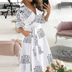 Elegant Women Letter Diamond Print Party Dresses Spring Fashion Sexy V-Neck Belt A-Line Dresses Female Casual Long Sleeve Dress Aiertu