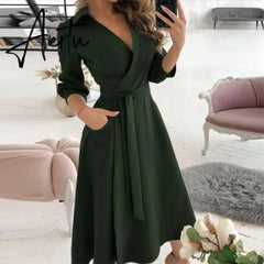 Elegant Women Letter Diamond Print Party Dresses Spring Fashion Sexy V-Neck Belt A-Line Dresses Female Casual Long Sleeve Dress Aiertu