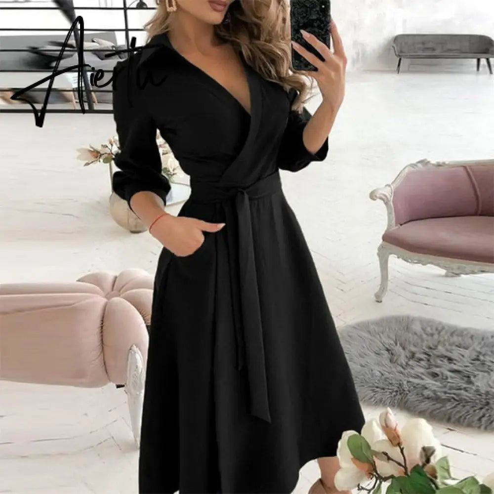 Elegant Women Letter Diamond Print Party Dresses Spring Fashion Sexy V-Neck Belt A-Line Dresses Female Casual Long Sleeve Dress Aiertu