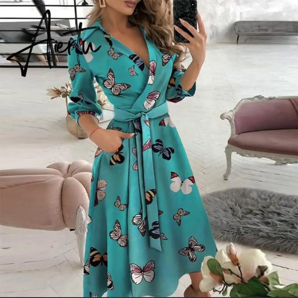 Elegant Women Letter Diamond Print Party Dresses Spring Fashion Sexy V-Neck Belt A-Line Dresses Female Casual Long Sleeve Dress Aiertu