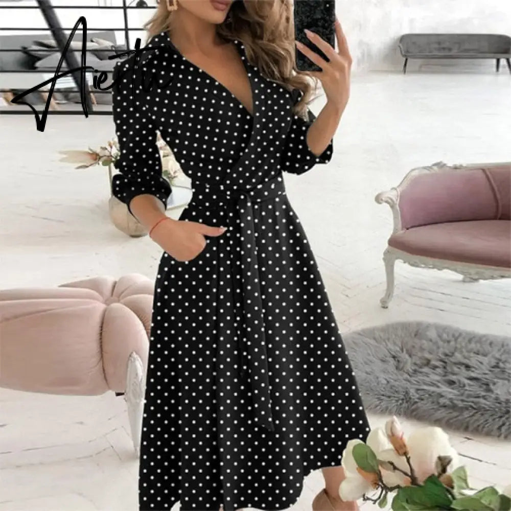 Elegant Women Letter Diamond Print Party Dresses Spring Fashion Sexy V-Neck Belt A-Line Dresses Female Casual Long Sleeve Dress Aiertu