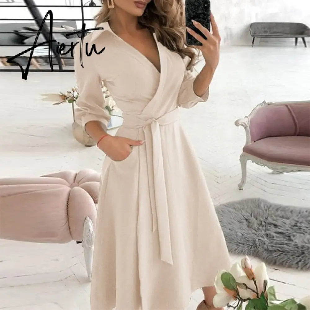 Elegant Women Letter Diamond Print Party Dresses Spring Fashion Sexy V-Neck Belt A-Line Dresses Female Casual Long Sleeve Dress Aiertu