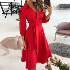 Elegant Women Letter Diamond Print Party Dresses Spring Fashion Sexy V-Neck Belt A-Line Dresses Female Casual Long Sleeve Dress Aiertu