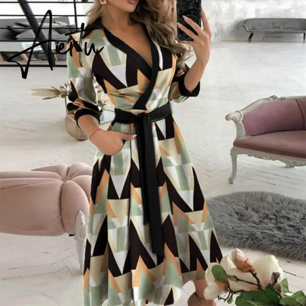 Elegant Women Letter Diamond Print Party Dresses Spring Fashion Sexy V-Neck Belt A-Line Dresses Female Casual Long Sleeve Dress Aiertu