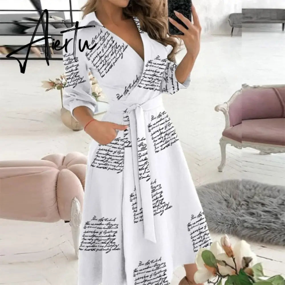 Elegant Women Letter Diamond Print Party Dresses Spring Fashion Sexy V-Neck Belt A-Line Dresses Female Casual Long Sleeve Dress Aiertu