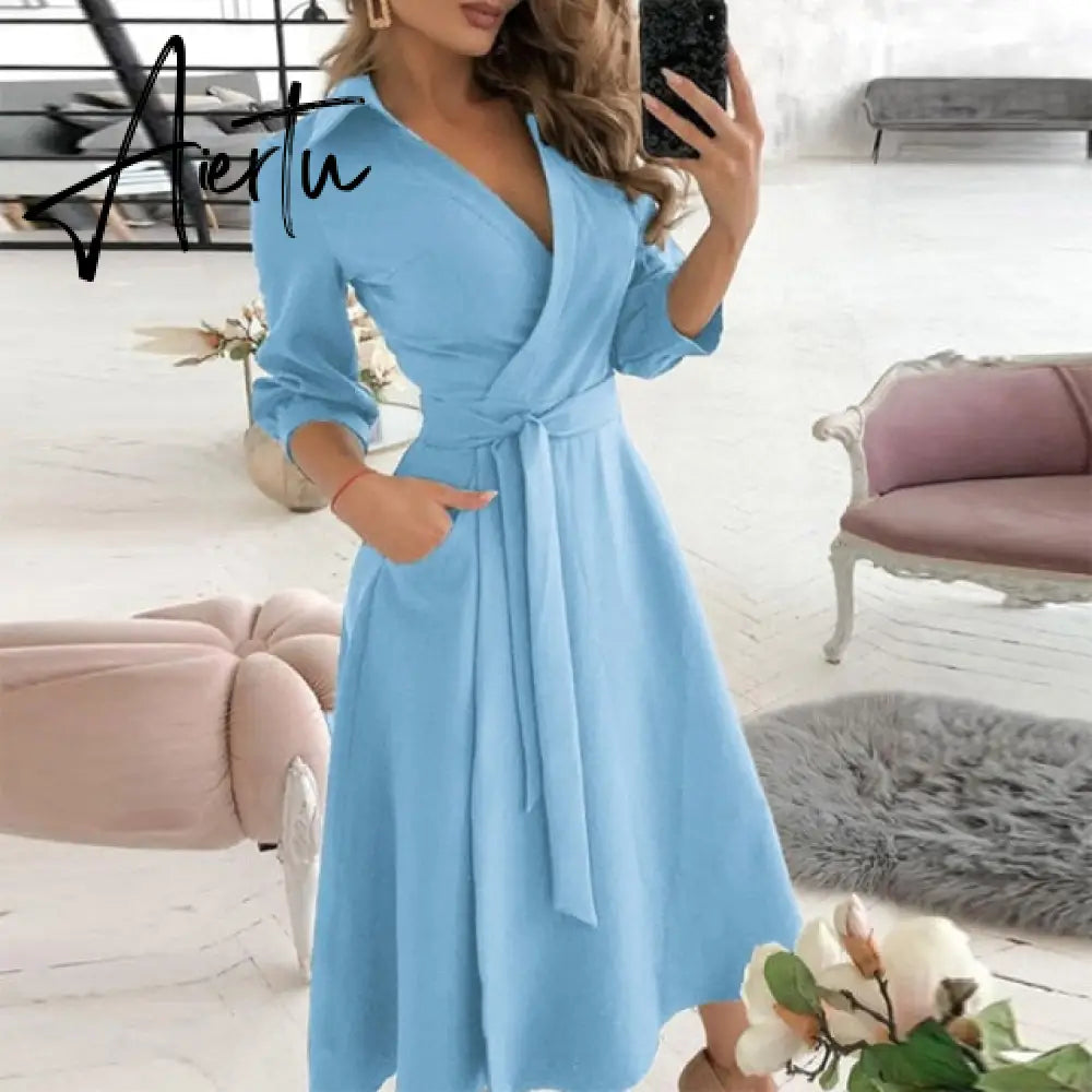 Elegant Women Letter Diamond Print Party Dresses Spring Fashion Sexy V-Neck Belt A-Line Dresses Female Casual Long Sleeve Dress Aiertu