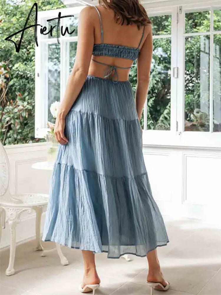 Elegant Women Summer Long Dress Solid Color Tie-Up Sleeveless Backless Dress Fashion Party Sling Female Aiertu