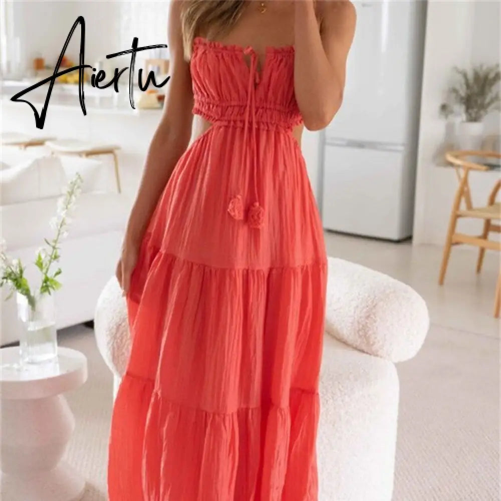 Elegant Women Summer Long Dress Solid Color Tie-Up Sleeveless Backless Dress Fashion Party Sling Female Aiertu