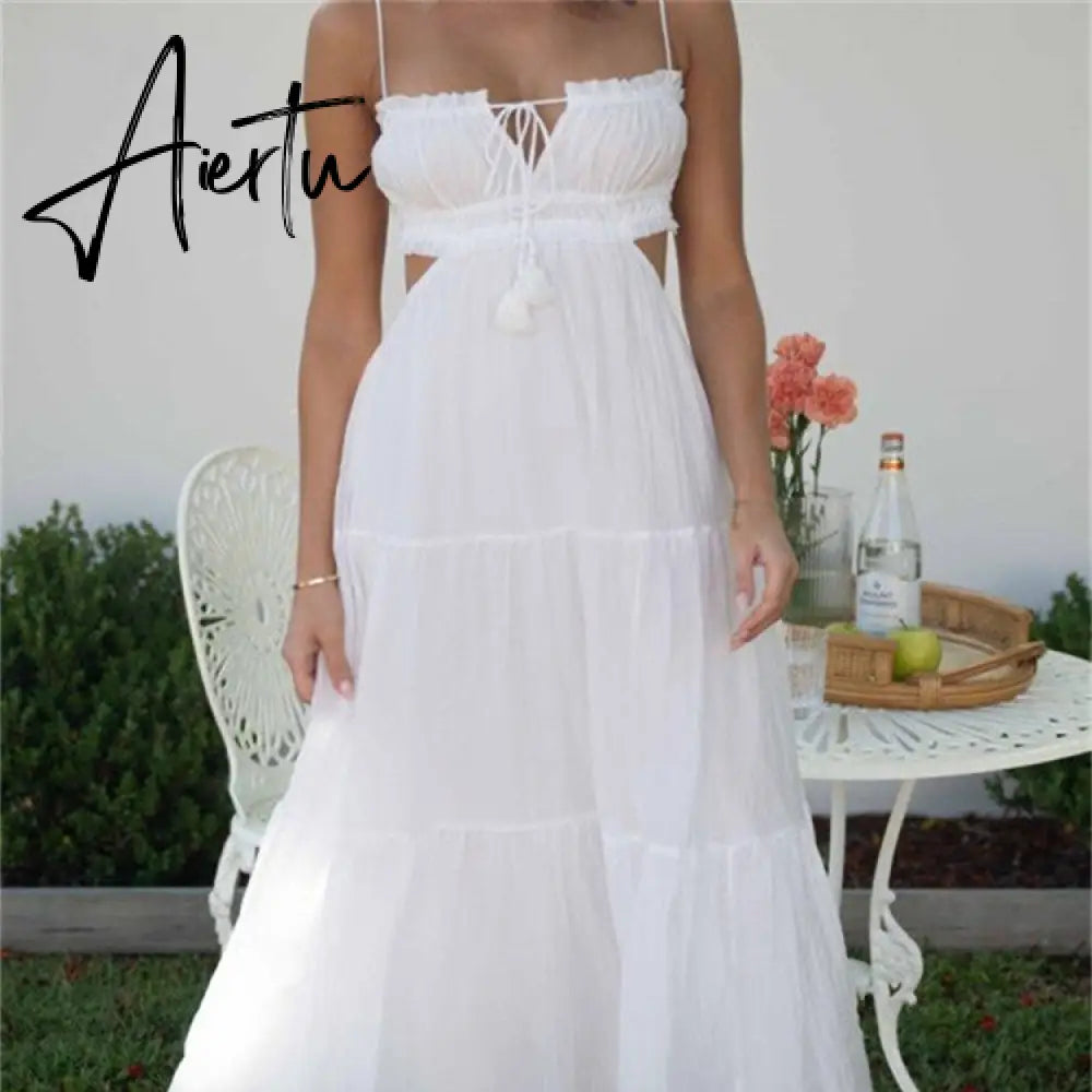 Elegant Women Summer Long Dress Solid Color Tie-Up Sleeveless Backless Dress Fashion Party Sling Female Aiertu