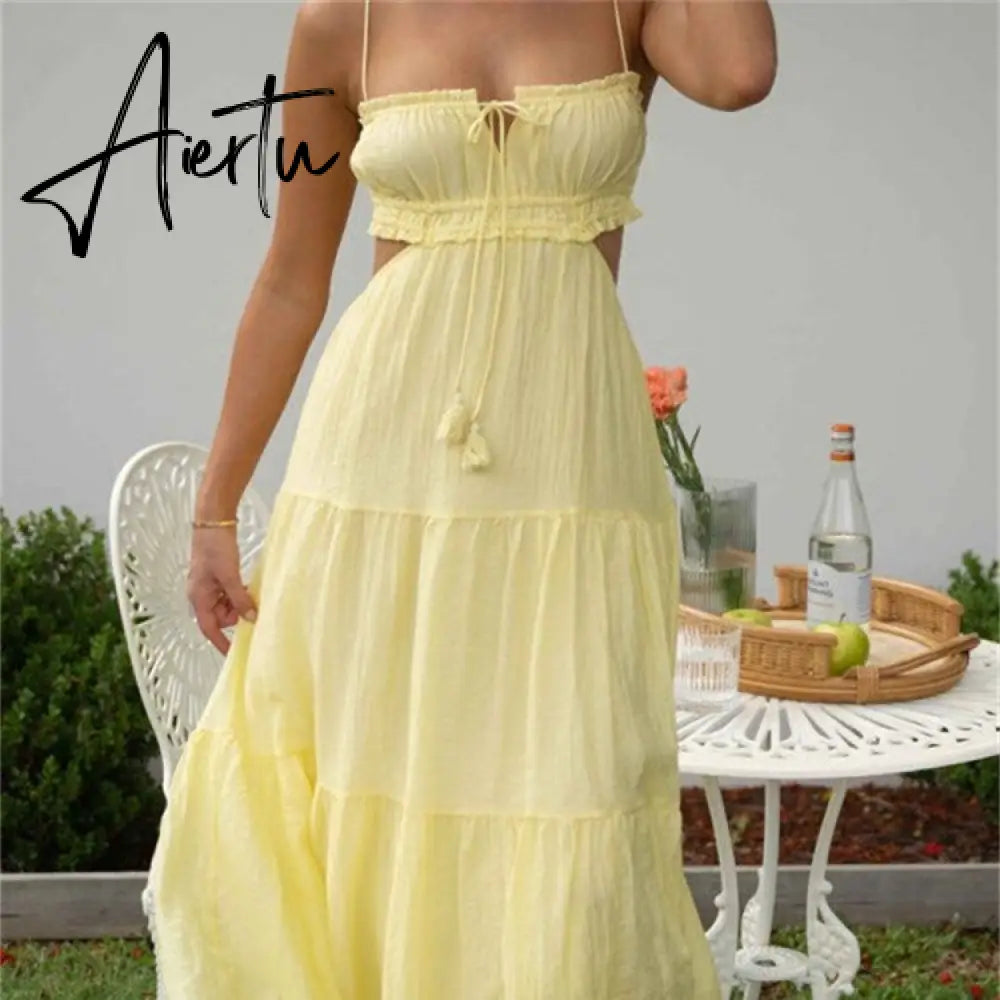 Elegant Women Summer Long Dress Solid Color Tie-Up Sleeveless Backless Dress Fashion Party Sling Female Aiertu