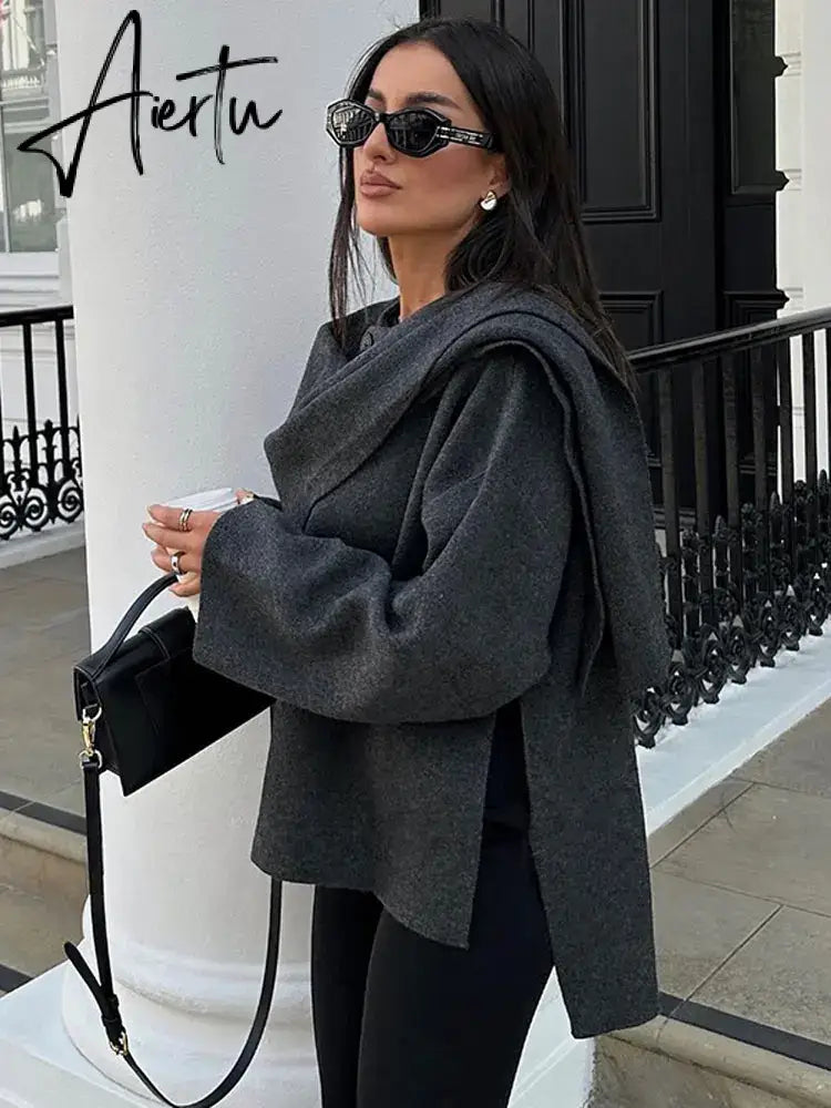 Elegant Woolen Trench Scarf Collar Coat Women Fashion Vintage Windbreakers Jacket Winter Loose Single Breasted Warm Outerwear Aiertu