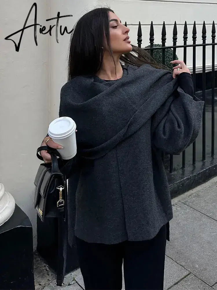 Elegant Woolen Trench Scarf Collar Coat Women Fashion Vintage Windbreakers Jacket Winter Loose Single Breasted Warm Outerwear Aiertu