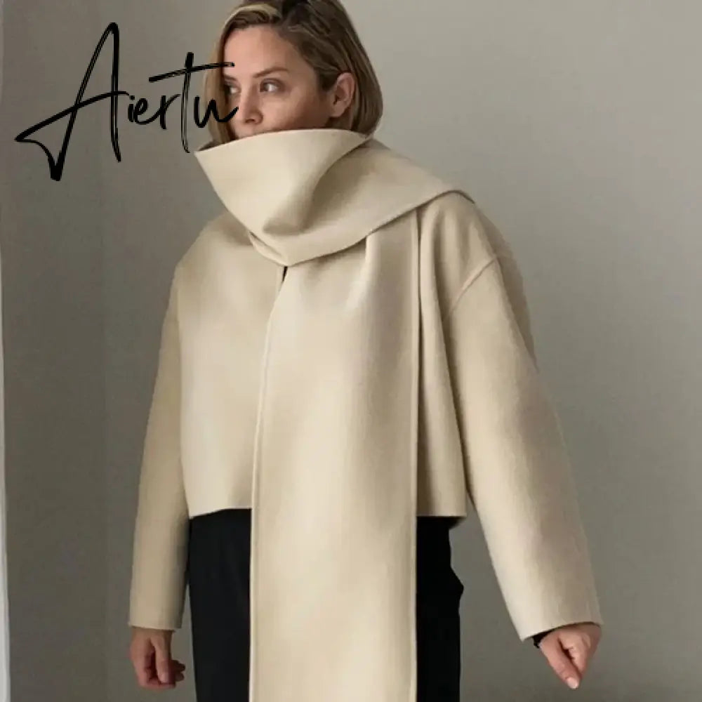 Elegant Woolen Trench Scarf Collar Coat Women Fashion Vintage Windbreakers Jacket Winter Loose Single Breasted Warm Outerwear Aiertu