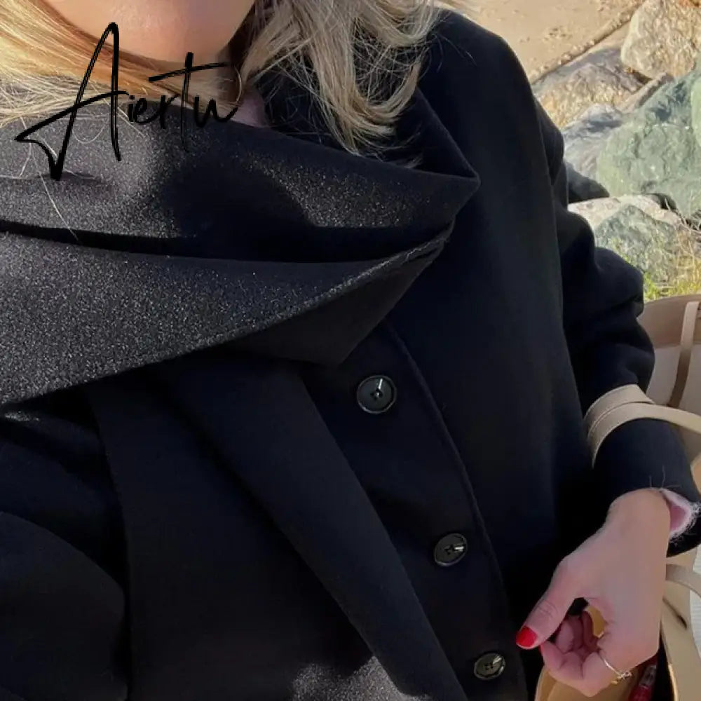 Elegant Woolen Trench Scarf Collar Coat Women Fashion Vintage Windbreakers Jacket Winter Loose Single Breasted Warm Outerwear Aiertu