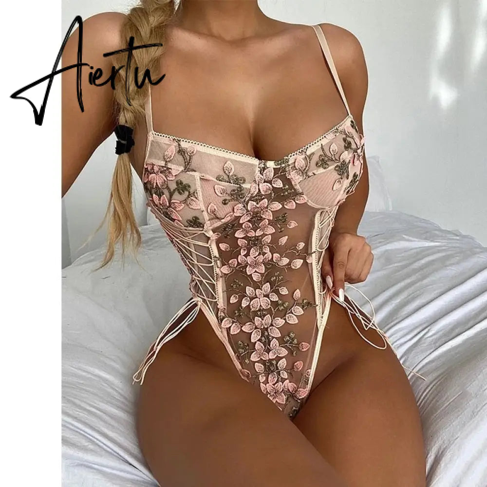 Ellolace Floral Embroidery Bodysuit Women Lace Up Bandage Bodies Sexy Sleeveless Bodycon Transparent Lingerie Mesh Bodysuits Top Aiertu