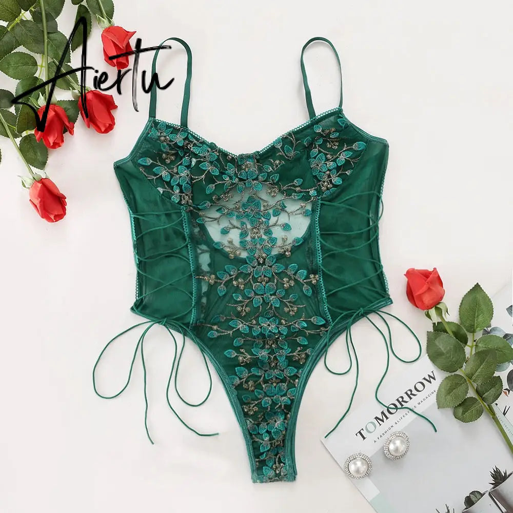 Ellolace Floral Embroidery Bodysuit Women Lace Up Bandage Bodies Sexy Sleeveless Bodycon Transparent Lingerie Mesh Bodysuits Top Aiertu