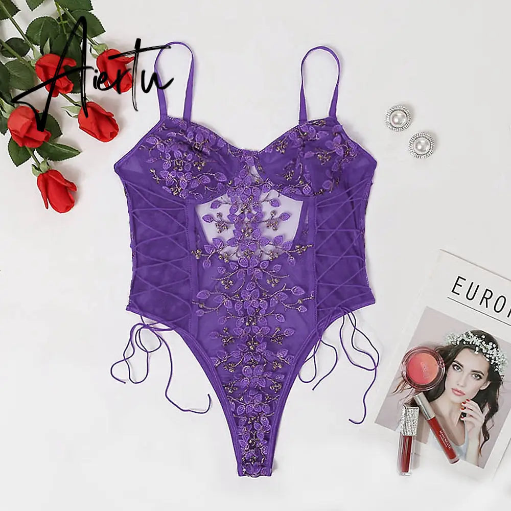 Ellolace Floral Embroidery Bodysuit Women Lace Up Bandage Bodies Sexy Sleeveless Bodycon Transparent Lingerie Mesh Bodysuits Top Aiertu