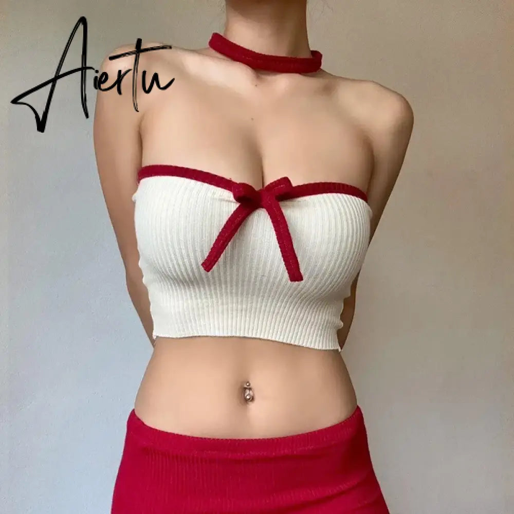 Embellished Bow Detail Sexy Strapless Crop Tops Outfits for Women Party Club Backless Cropped Tube Top Summer Aiertu