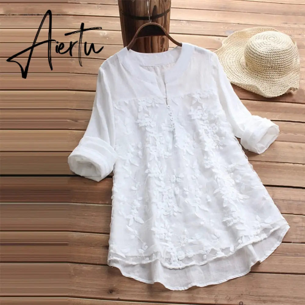 Embroidery Women's White Blouse Casual Plus Size Tops Elegant V-Neck Long Sleeve Tunic Summer Autumn Floral Print Women's Shirt Aiertu