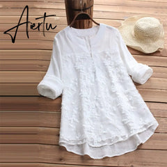 Embroidery Women's White Blouse Casual Plus Size Tops Elegant V-Neck Long Sleeve Tunic Summer Autumn Floral Print Women's Shirt Aiertu
