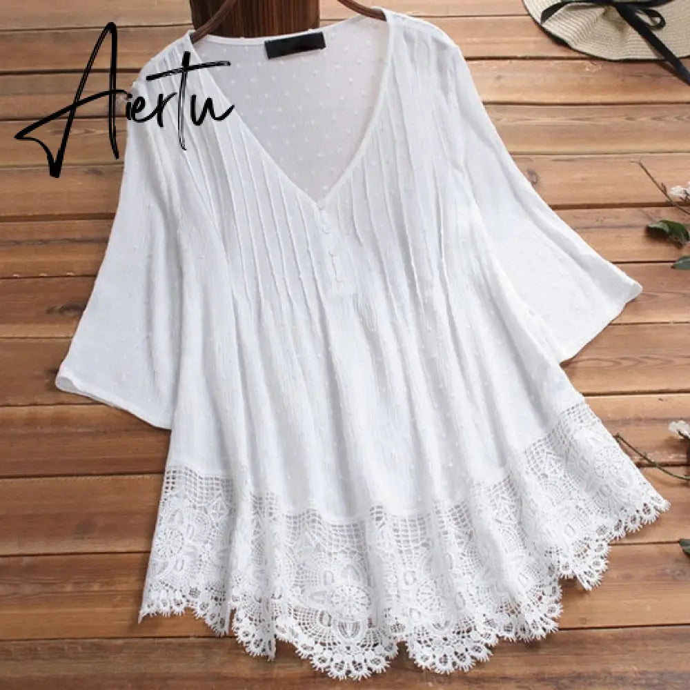 Embroidery Women's White Blouse Casual Plus Size Tops Elegant V-Neck Long Sleeve Tunic Summer Autumn Floral Print Women's Shirt Aiertu