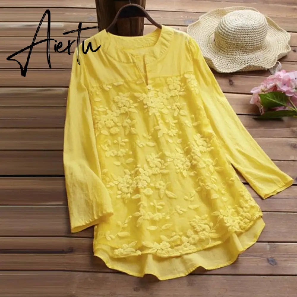 Embroidery Women's White Blouse Casual Plus Size Tops Elegant V-Neck Long Sleeve Tunic Summer Autumn Floral Print Women's Shirt Aiertu
