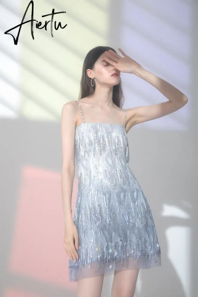 Evening Party Elegant Diamonds Tassel Dress Vestiso Spaghetti Strap A-Line Bodycon Mini Dress Women Summer Dresses Aiertu