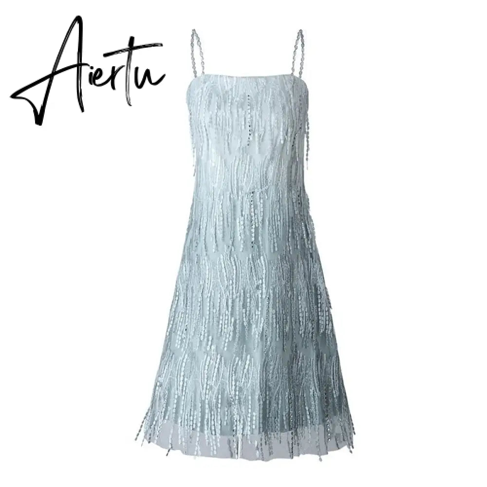 Evening Party Elegant Diamonds Tassel Dress Vestiso Spaghetti Strap A-Line Bodycon Mini Dress Women Summer Dresses Aiertu
