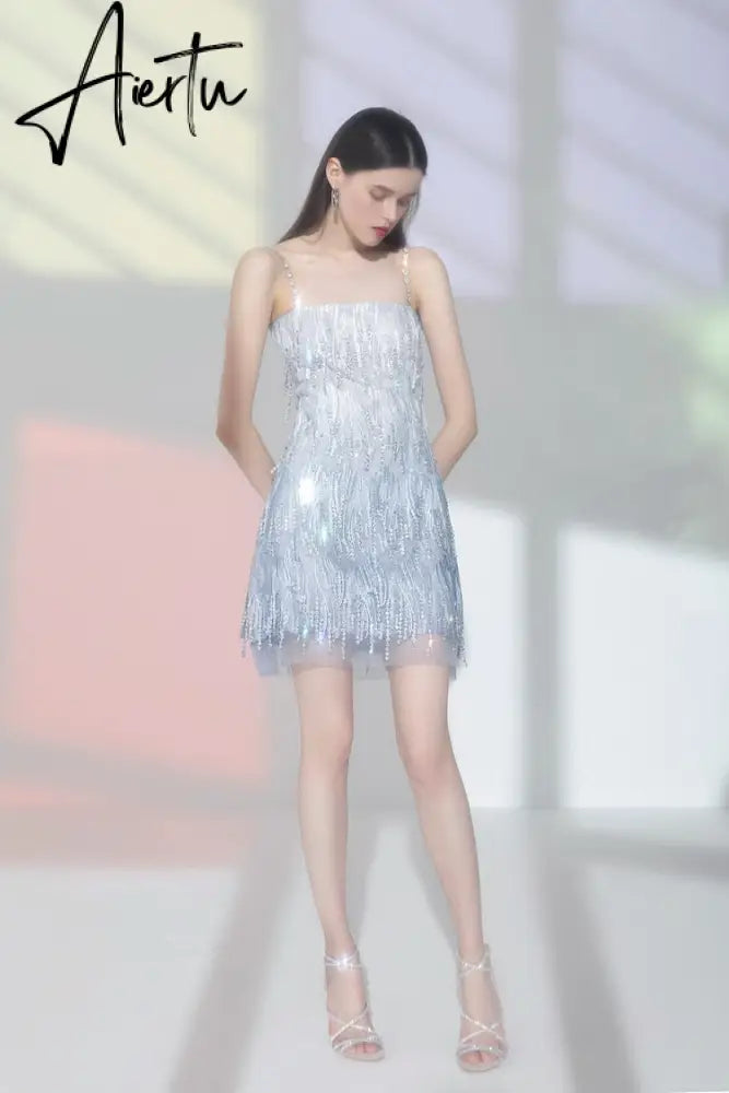 Evening Party Elegant Diamonds Tassel Dress Vestiso Spaghetti Strap A-Line Bodycon Mini Dress Women Summer Dresses Aiertu