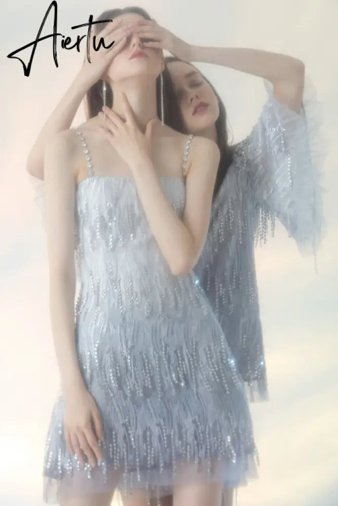 Evening Party Elegant Diamonds Tassel Dress Vestiso Spaghetti Strap A-Line Bodycon Mini Dress Women Summer Dresses Aiertu