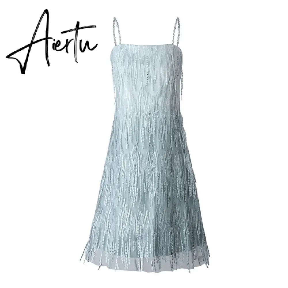 Evening Party Elegant Diamonds Tassel Dress Vestiso Spaghetti Strap A-Line Bodycon Mini Dress Women Summer Dresses Aiertu