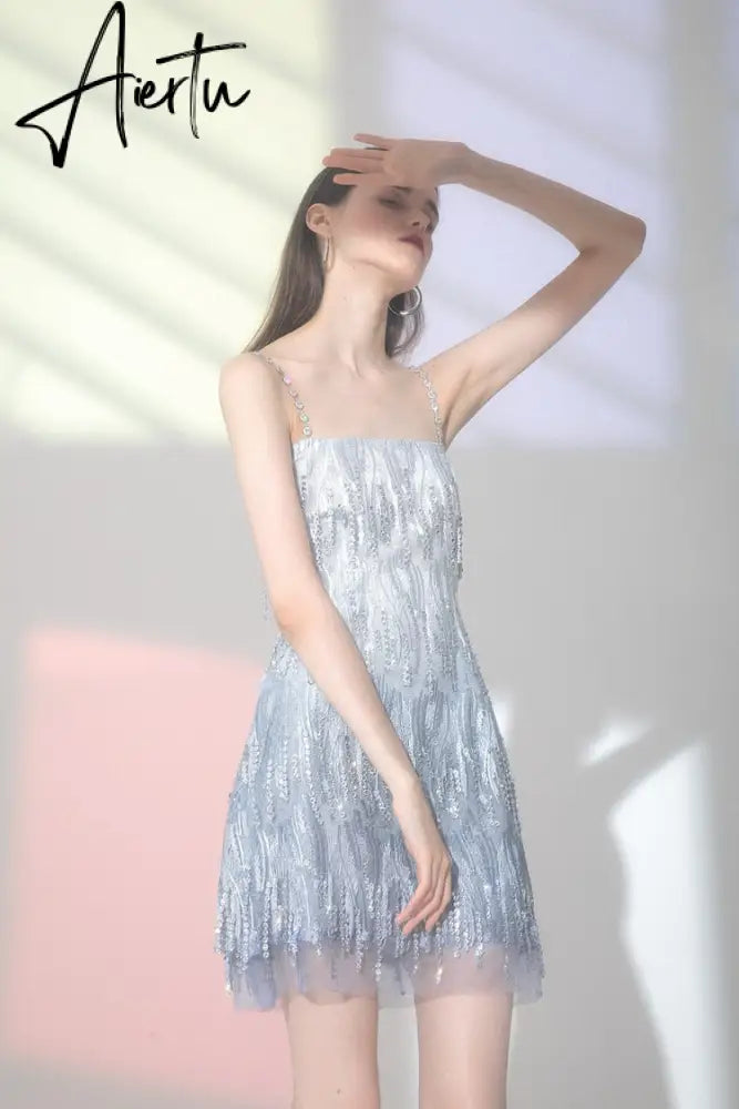 Evening Party Elegant Diamonds Tassel Dress Vestiso Spaghetti Strap A-Line Bodycon Mini Dress Women Summer Dresses Aiertu