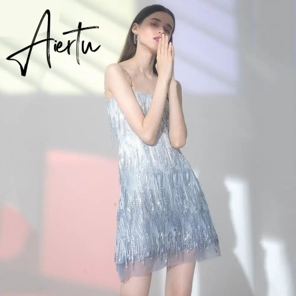 Evening Party Elegant Diamonds Tassel Dress Vestiso Spaghetti Strap A-Line Bodycon Mini Dress Women Summer Dresses Aiertu