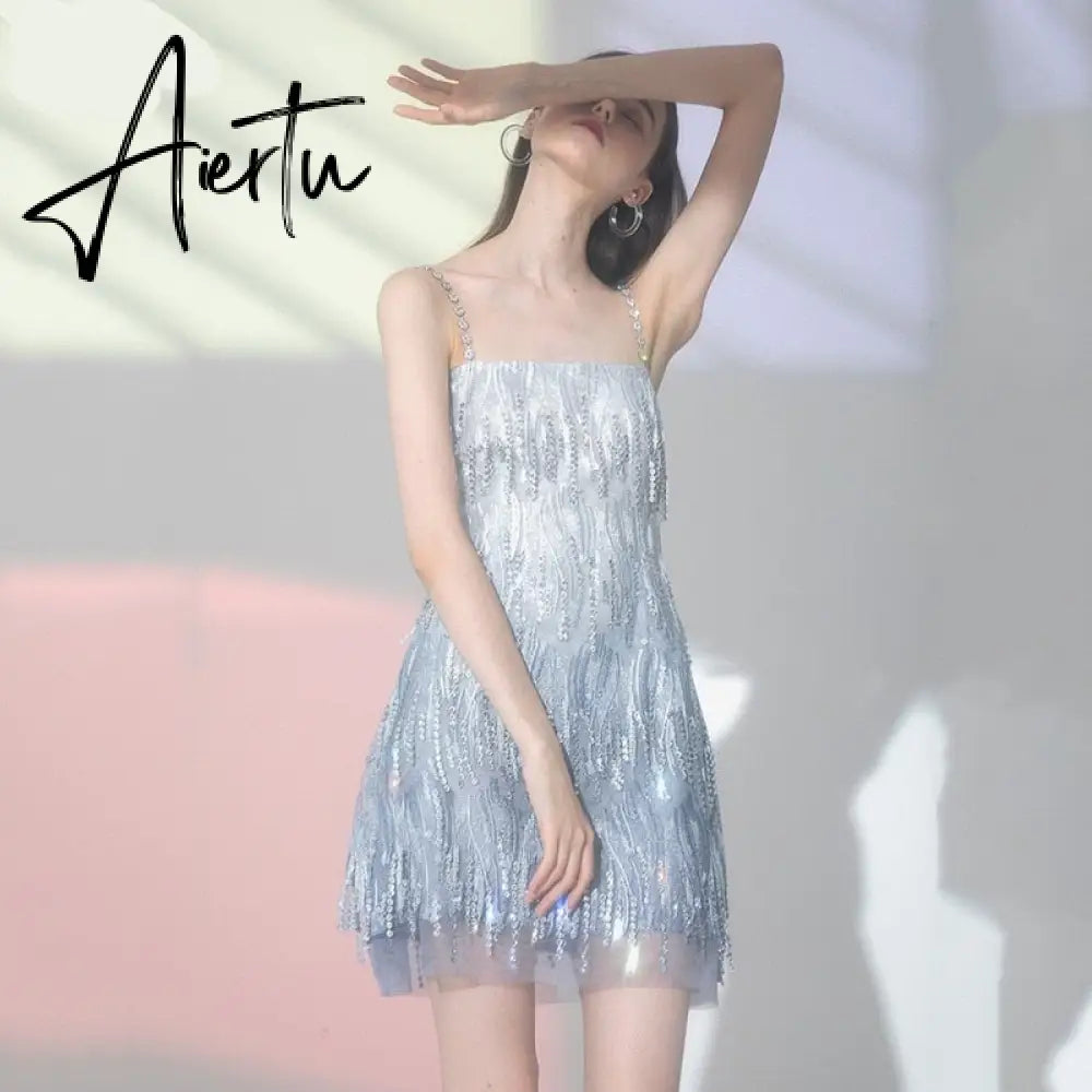 Evening Party Elegant Diamonds Tassel Dress Vestiso Spaghetti Strap A-Line Bodycon Mini Dress Women Summer Dresses Aiertu