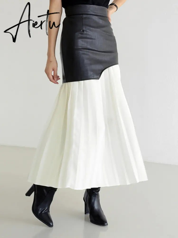 [EWQ] Sweet Style Patchwork Pu Skirt For Women High Waist Midi Folds Pleated Skirts Female  Autumn New Fashion Clothing Y331 Aiertu