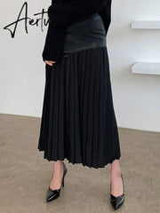 [EWQ] Sweet Style Patchwork Pu Skirt For Women High Waist Midi Folds Pleated Skirts Female  Autumn New Fashion Clothing Y331 Aiertu