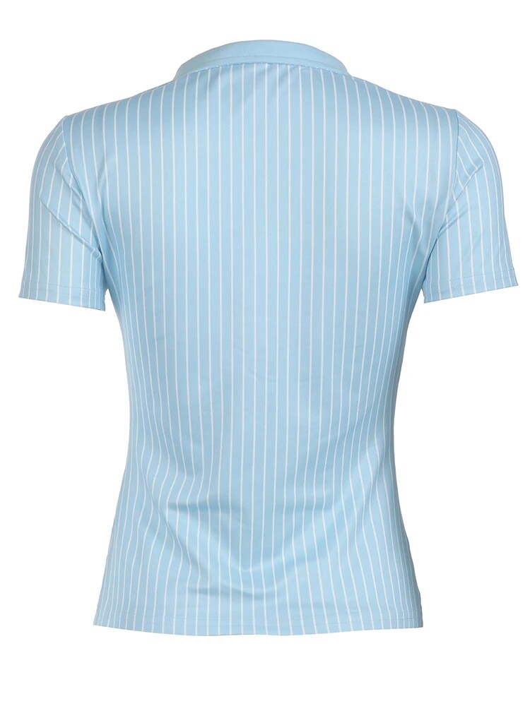 Aiertu - summer inspo Hot Blue Stripe Short Sleeve Shirts For Women Button Up Turn Down Collar Slim Simple Casual Preppy Tops Basic Summer Tees Aiertu