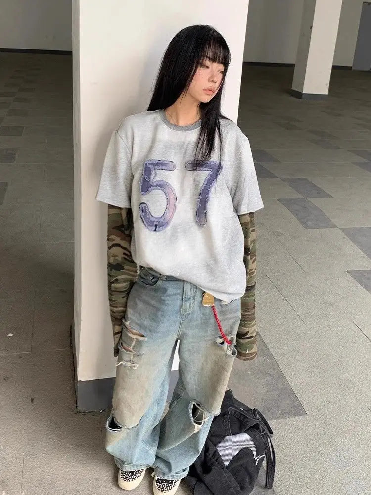 Aiertu  -  American retro old long-sleeved T-shirt women's autumn new fake two-piece camouflage sleeve splicing vintage loose top Aiertu