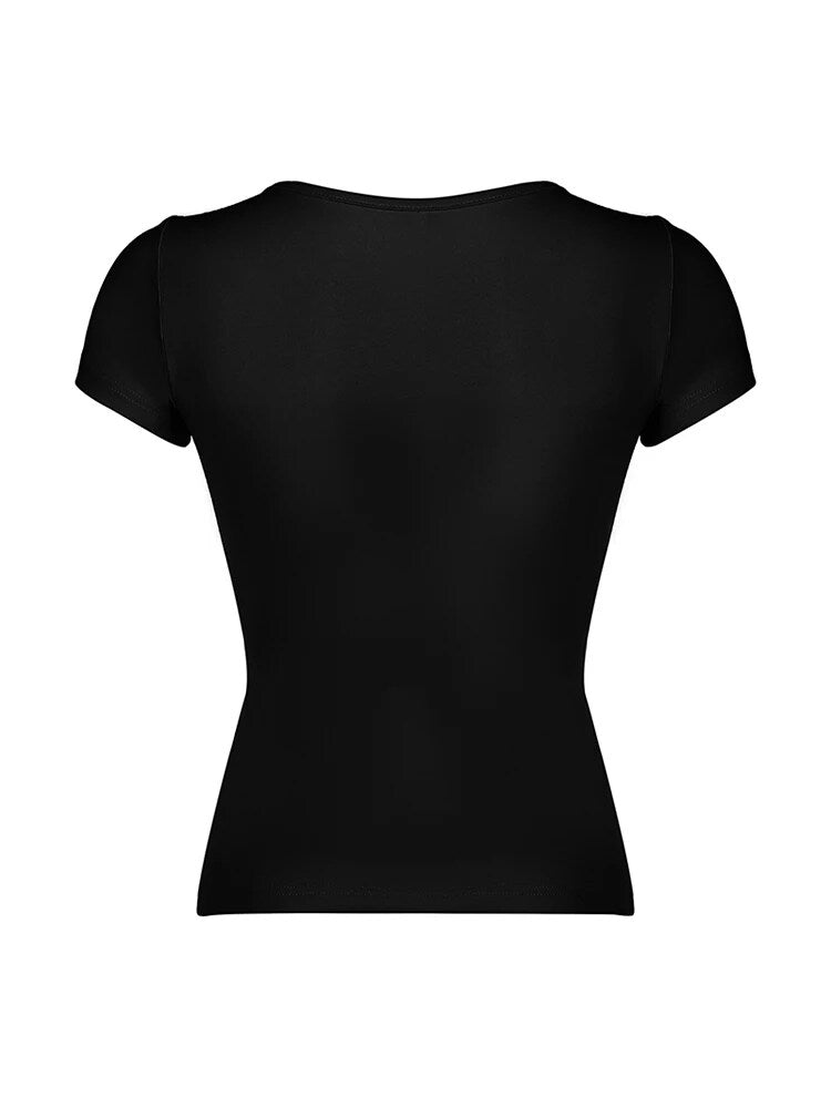Aiertu - summer inspo Japanese Kawaii Contrast Lace Tie Bow Square Collar Slim Short Sleeve Black T Shirt Women Pink Sweet Balletcore Cute Tees Aiertu