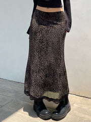 Aiertu - summer inspo Retro Brown Leopard Y2K Long Skirts Women Lace Trim Hem Two Layers Mesh Vintage Aesthetic Elegant Fashion Women Clothing Aiertu